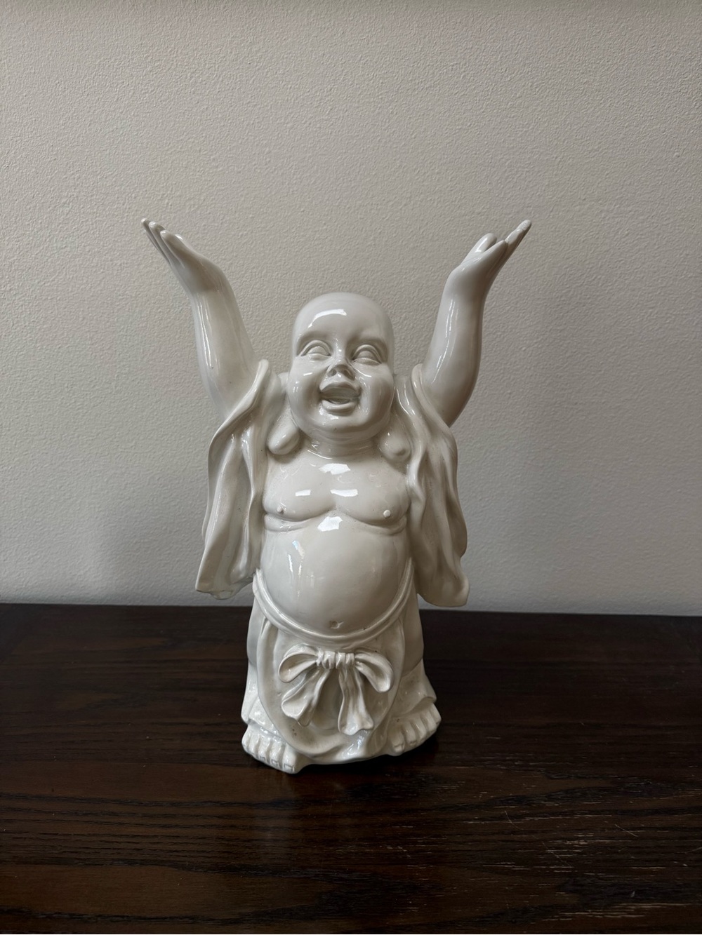 Ceramic Laughing Buddha Statue in Glossy White